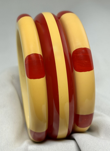 Shultz and Pantti artisan red and custard bakelite bangles